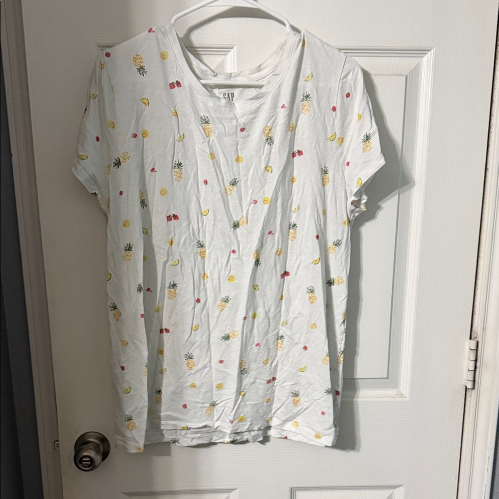 GAP White Fruit Pattern Tee - Yellow Pineapple & Red Cherry Accents